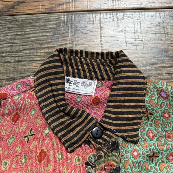 We Be Bop Rayon Button Down Blouse Boho Patchwork Print Long Sleeve Shirt - Picture 3 of 9